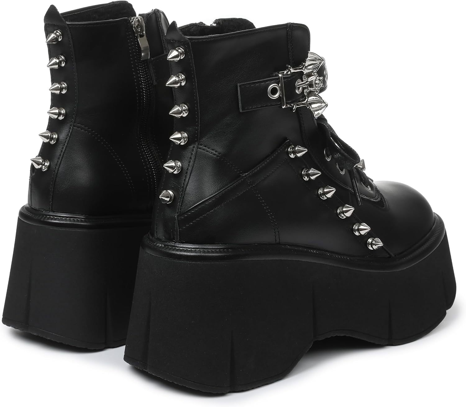 Women Black Platform Boots Wedge Goth Round Toe Lace Up Chunky Heel Studded Combat Zip Buckle Ankle Shoes - Image 4