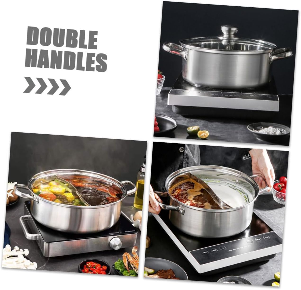 Unomor Stainless Steel Double Handle Hotpot Pot Induction Cooker Compatible Notched Divider for Family Meals and Gatherings and Cooking Pot