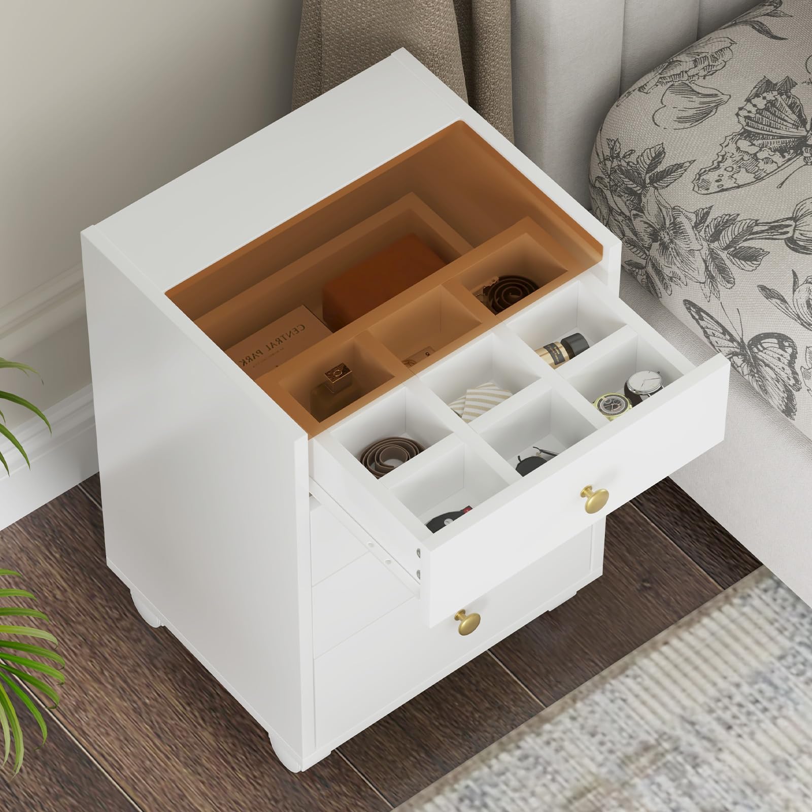 Rollcontainer mit 4 Schubladen, Mobiler Aktenschrank mit Rädern, Druckerständer, Aktenschrank mit Glasplatte, für Homeoffice, Büro, 40 x 30 x 50 cm, Weiß
