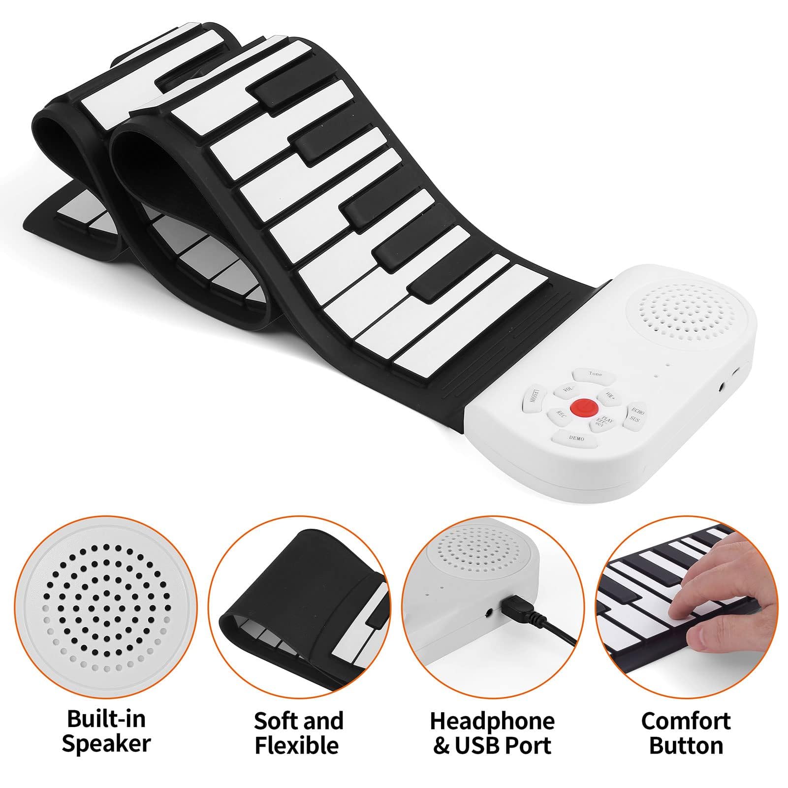 Aramox Roll-Up-Klavier, 49 Tasten, Tragbare Elektrische Tastatur, Faltbares Silikonmaterial, für Kinder, Anfänger, Lernen mit 8 Tönen, 6 Demo-Songs, USB-Aufladung, MIDI-Unterstützung