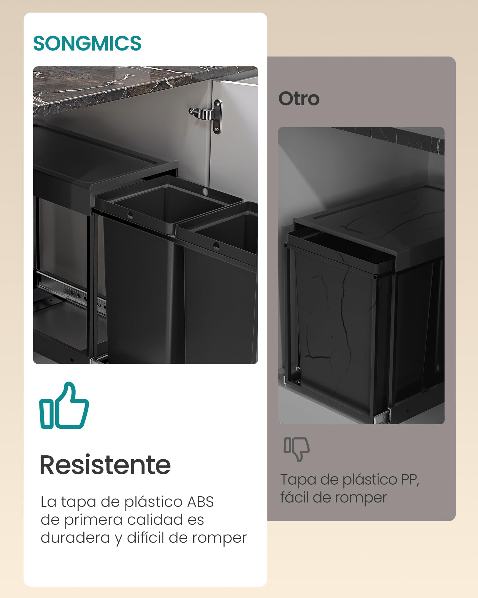 SONGMICS Papelera de Cocina para Reciclaje y Residuos, Cubo de Basura para Armario, 2 x 15 L Compartimentos Dobles, Extraíble, Estructura de Acero, Tapa ABS, Negro Tinta LTB950B01
