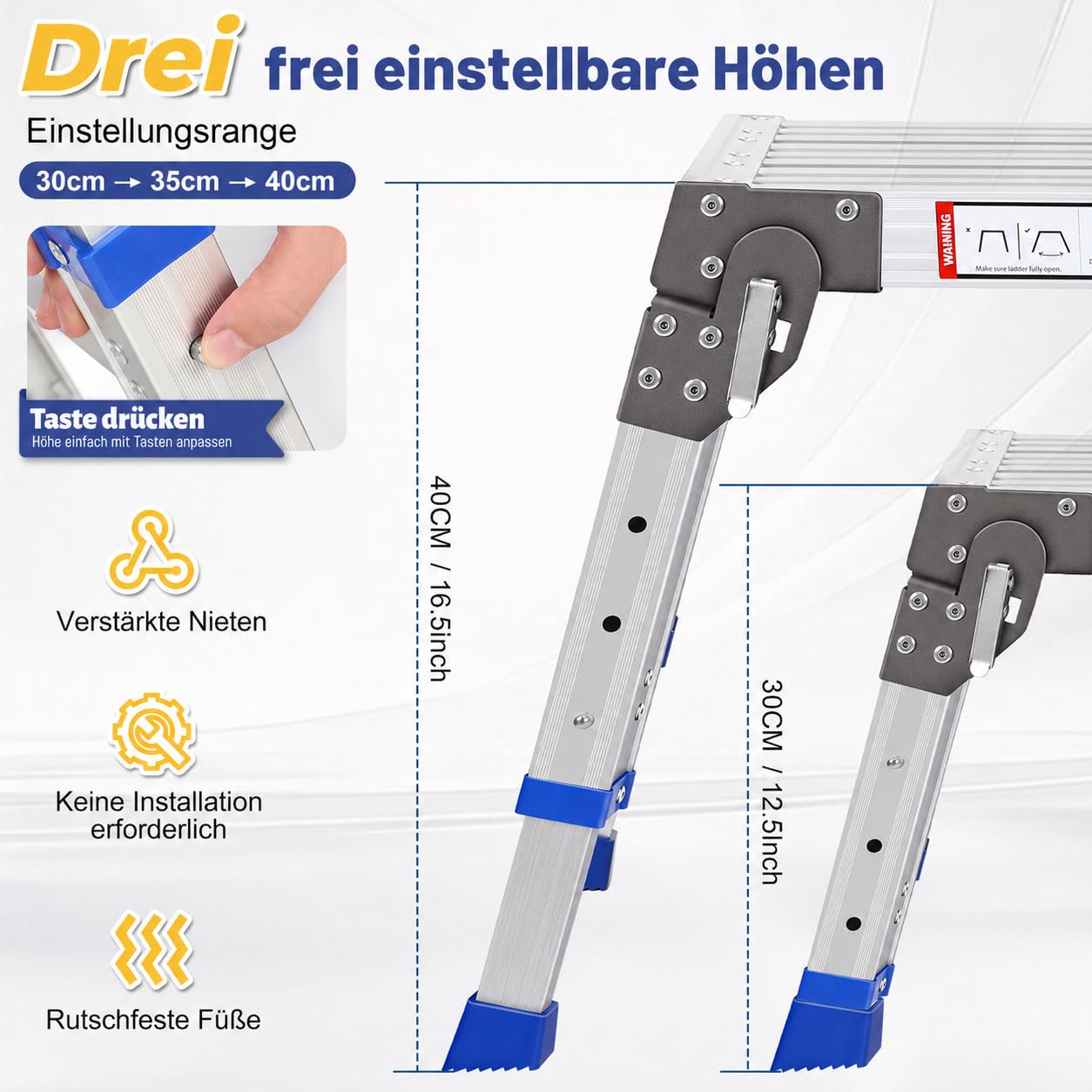 Klappbarer Aluminium Arbeitsplattform, Schwerlast-Tritthocker (Bis 362kg), 3-Fach Höhenverstellbare Trittstufe (30-40 cm), Rutschfester Einstiegstritt/Treppenpodest für Wohnmobil, Garage & Dachbox