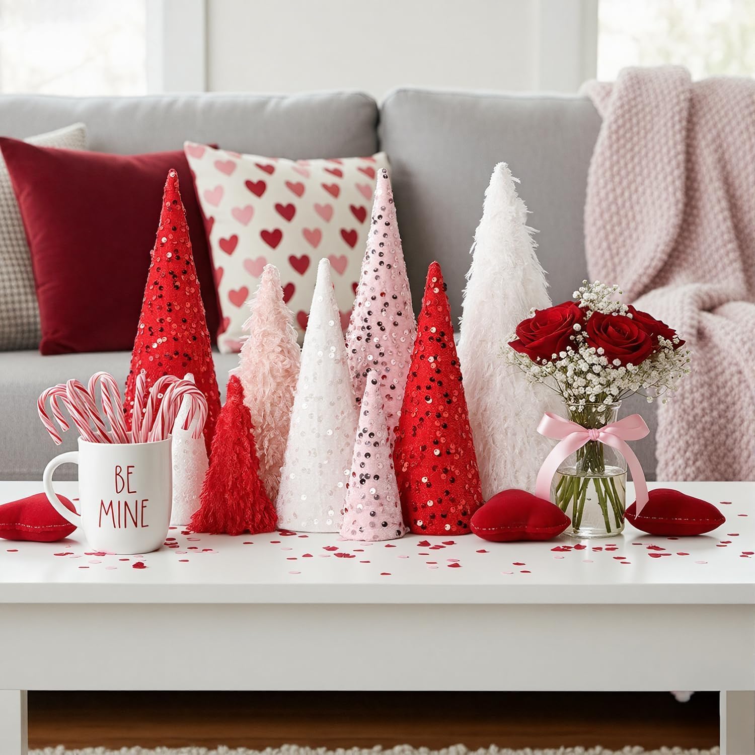 Valentine's Day Table Decor: 9pcs 13" 9.5" 5.5" Cone Valentine Trees with Glitter Sequins & Plush Fur, Lovely Valentine Indoor Decorations for the Home Tiered Tray Decor Gift for Her, Red Pink & White