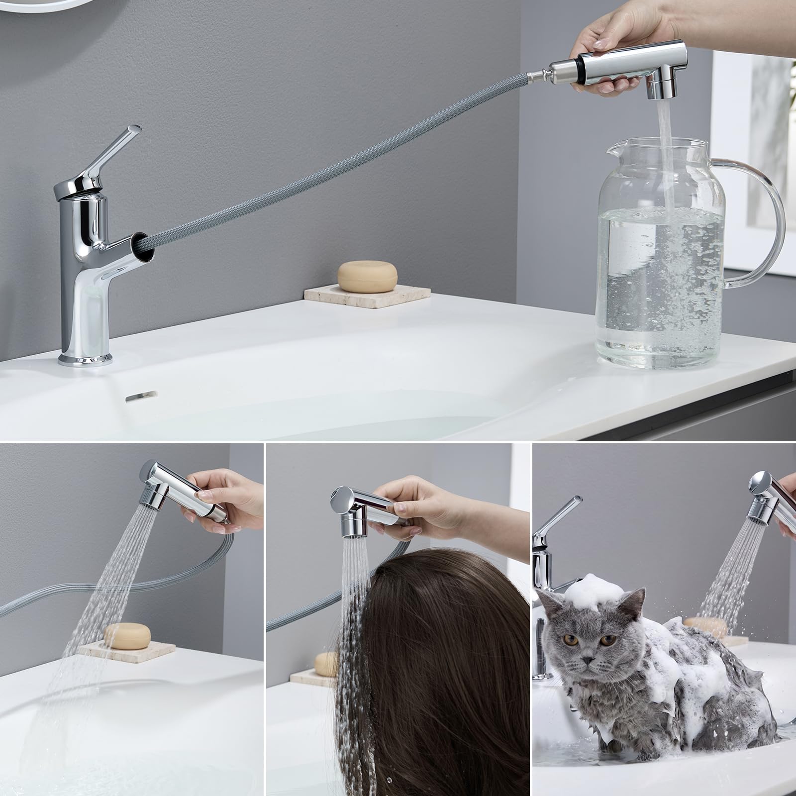 CECIPA Grifo Lavabo baño Cromo con ducha extraíble para lavar el cabello | Grifo Lavabo Grifo de alta presión para lavabo de baño,2 Modos de Flujo de Agua Cromo