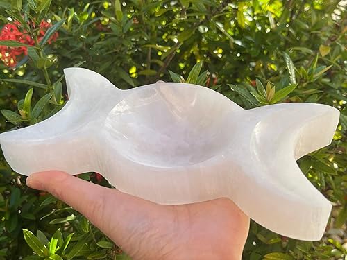 Miniatura 2 de Cuenco grande de selenita con triple luna, plato de selenita tallado con triple luna de 8 pulgadas de largo, cuenco de piedra preciosa curativa de