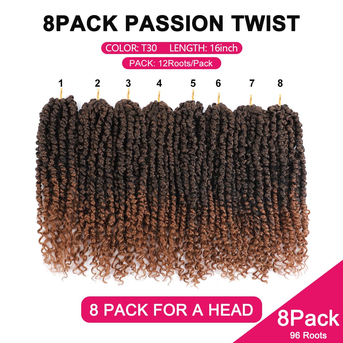 NAYOO Passion Twist Hair - 8 Packs 16 Inch Water Wave Crochet Hair,Passion Twist Crochet Hair For Women Long Passion Twists Synthetic Braiding Hair Extensions(16 Inch 8 Packs,T30)