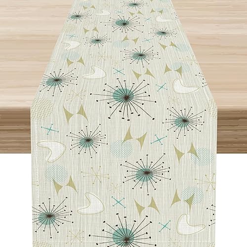 Miniatura 23 de Camino de mesa de los años 70, rústico azul ondulado, cuadrícula floral, moderno, retro, bohemio, hippie de los años 60, decoración abstracta de la