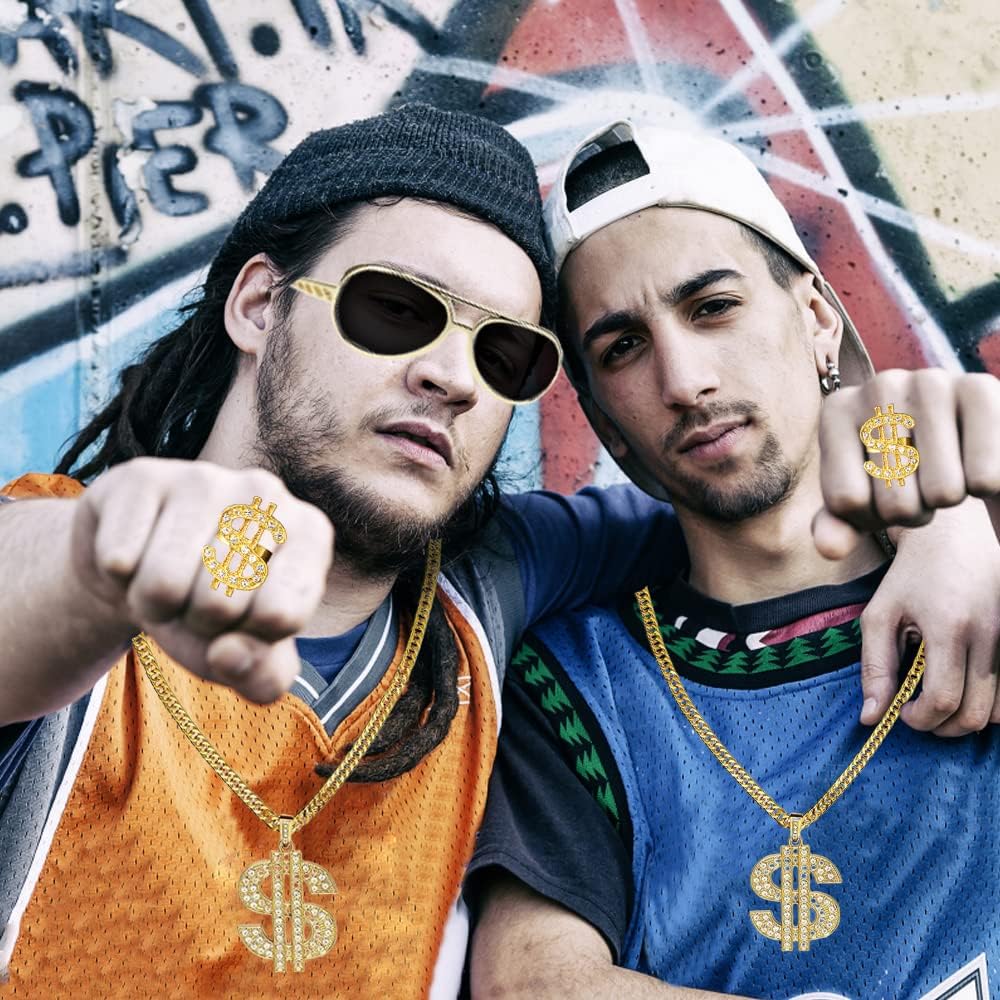 Zestaw kostiumowy hip-hopowy w stylu lat 80., złoty dolar, łańcuszek i złota bransoletka, pierścień, okulary, osobowość, hip-hop, kostium dla mężczyzn, lat 80-tych, 90., kostium rapera, na
