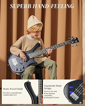 Ktaxon 36 Inch Bass Guitar 4 String Electric Bass Guitar (Full-Black) | Dual Connectivity & Portable Power 15W Amp, Excellent Tone, Exquisite Craftsmanship and Ergonomic Body Design for Beginner