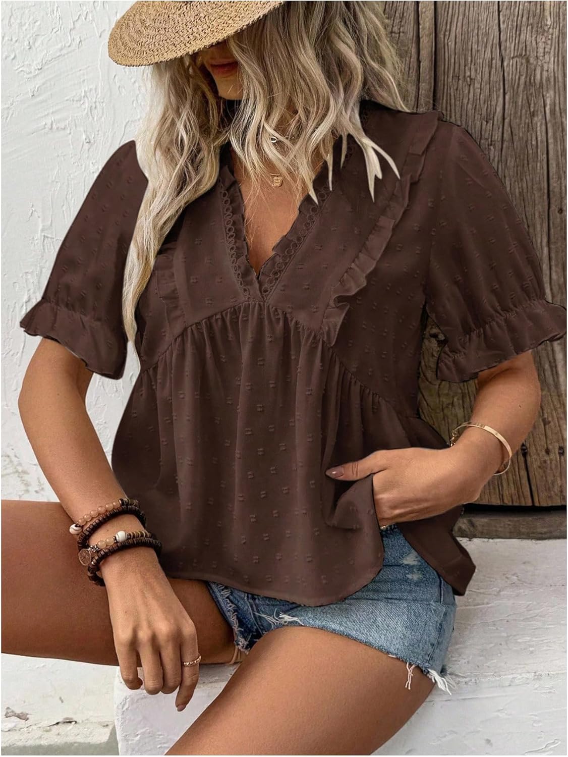 SweatyRocks Women's Plus Size Short Sleeve Peplum Blouse Frilled V Neck Swiss Dots Tops - Image 5