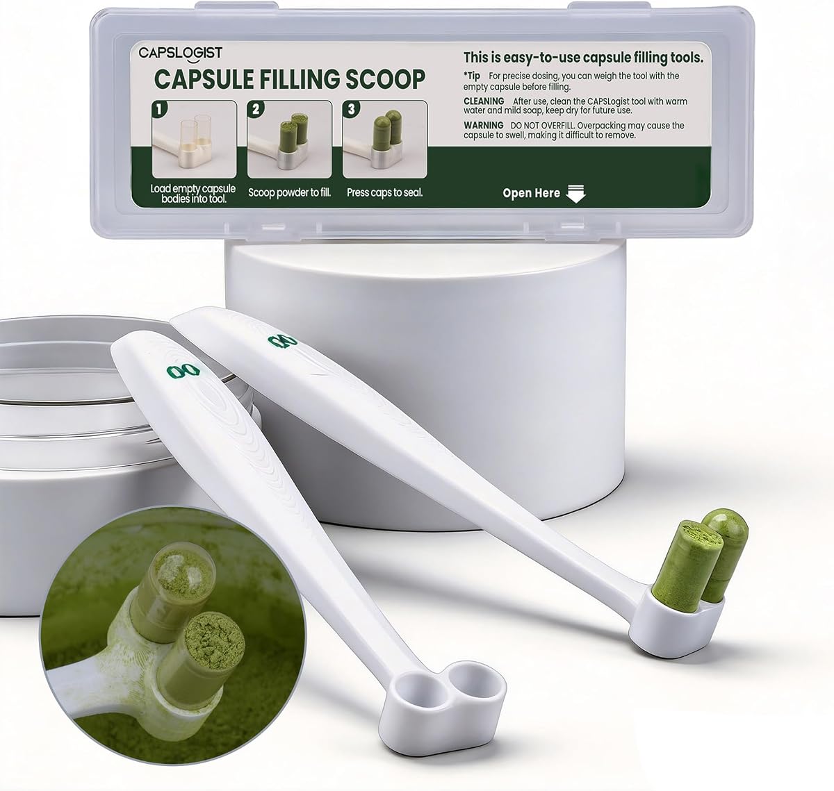 Herramientas para rellenar pastillas en cápsulas para tamaño 00, paquete de 2 | Herramienta de cucharas de laboratorio, haga sus propias cápsulas más fácil y rápido: úsela con gelatina vacía o tapas vegetarianas