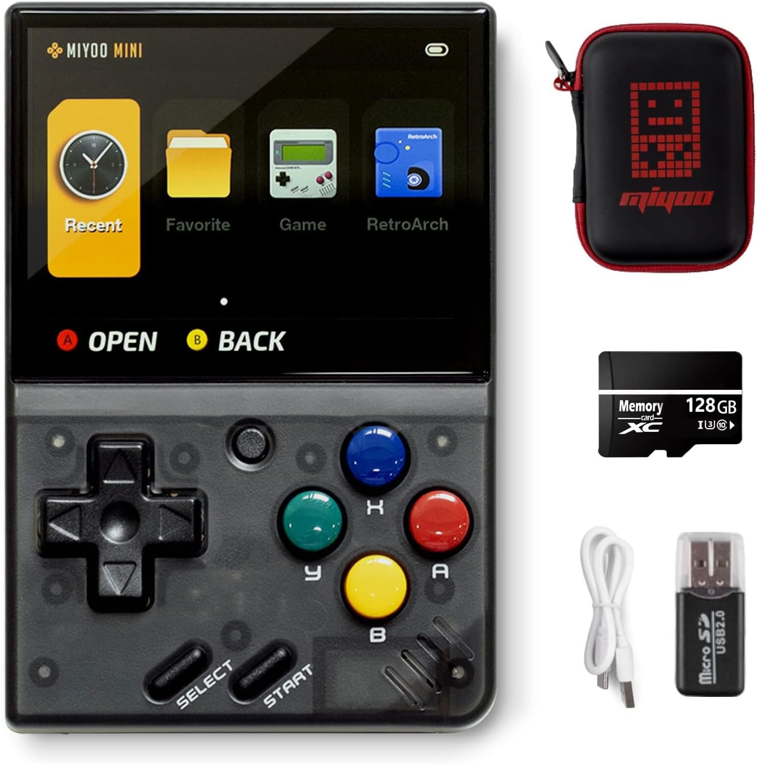 Astarama Miyoo Mini V2 Handheld Retro Video Game Console, 2.8 inch IPS Screen, 128GB Card & 11000+ Games, Black