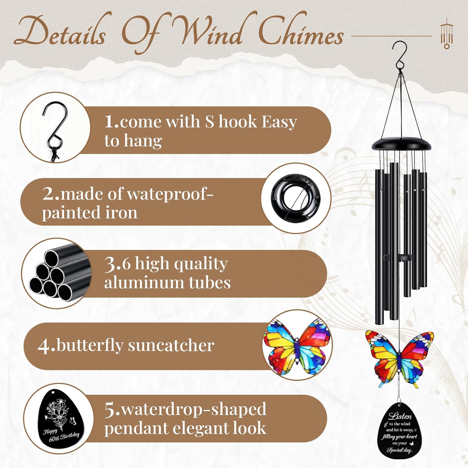 60th Birthday Gifts for Women, Men, Happy 60th Birthday Decorations for Women Men, Gifts for 60 Year Old Woman Ideas, 60 Year Old Gift for Grandma Mom, Wind Chimes