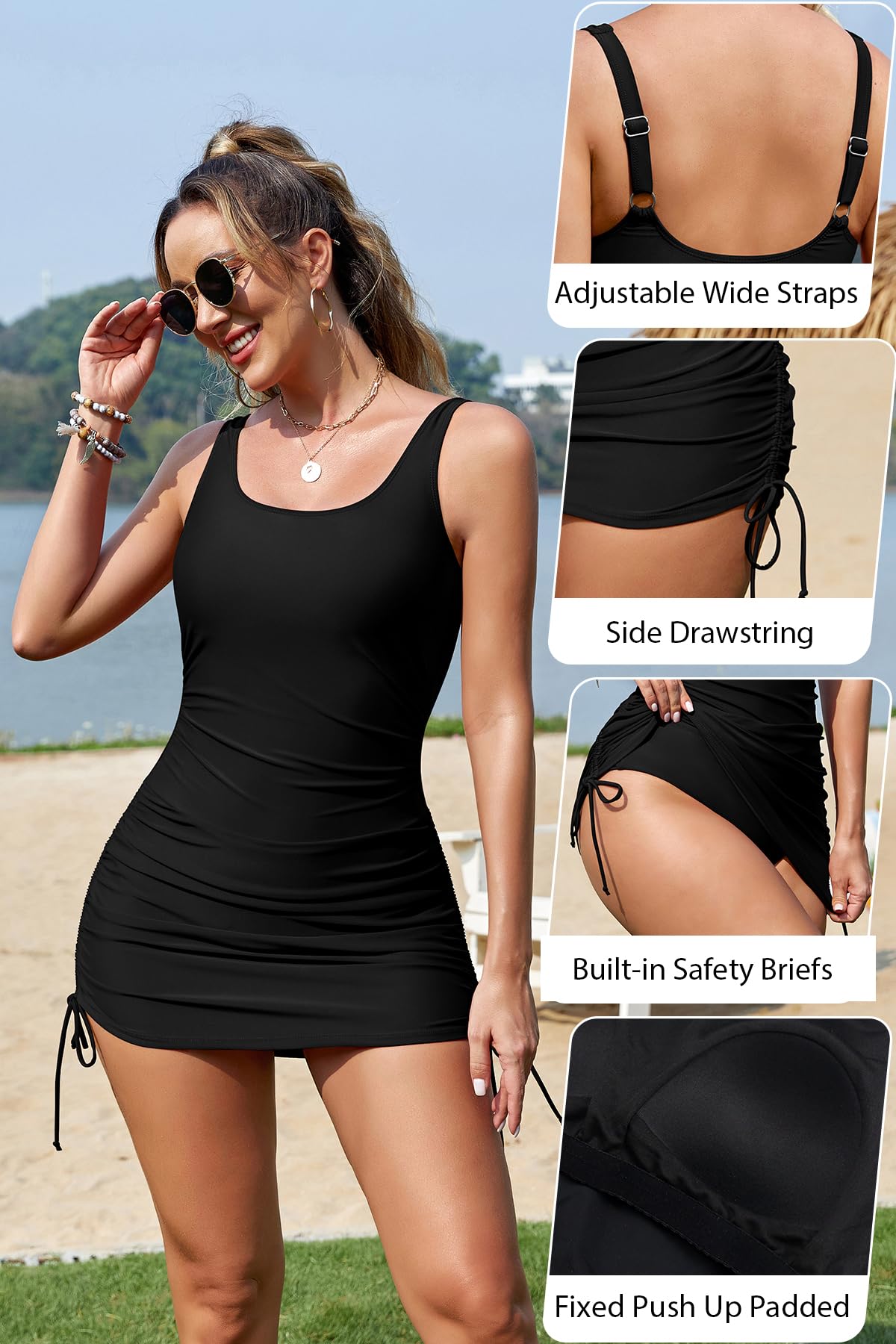 SHEKINI Costume da bagno intero da donna con coulisse increspato controllo della pancia push up gonna costumi da bagno costumi da bagno