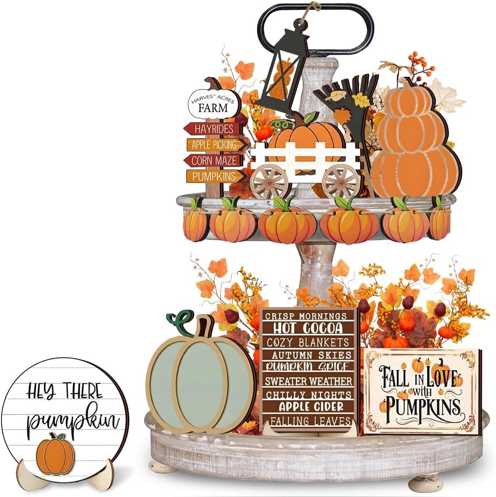 15 Pcs Fall Tiered Tray Decor, Pumpkin Fall Decorative Signs, Autumn Thanksgiving Wooden Decorations for Home Kitchen, Farmhouse Table Decor