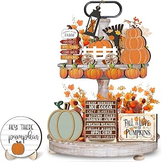 15 Pcs Fall Tiered Tray Decor, Pumpkin Fall Decorative Signs, Autumn Thanksgiving Wooden Decorations for Home Kitchen, Farmhouse Table Decor