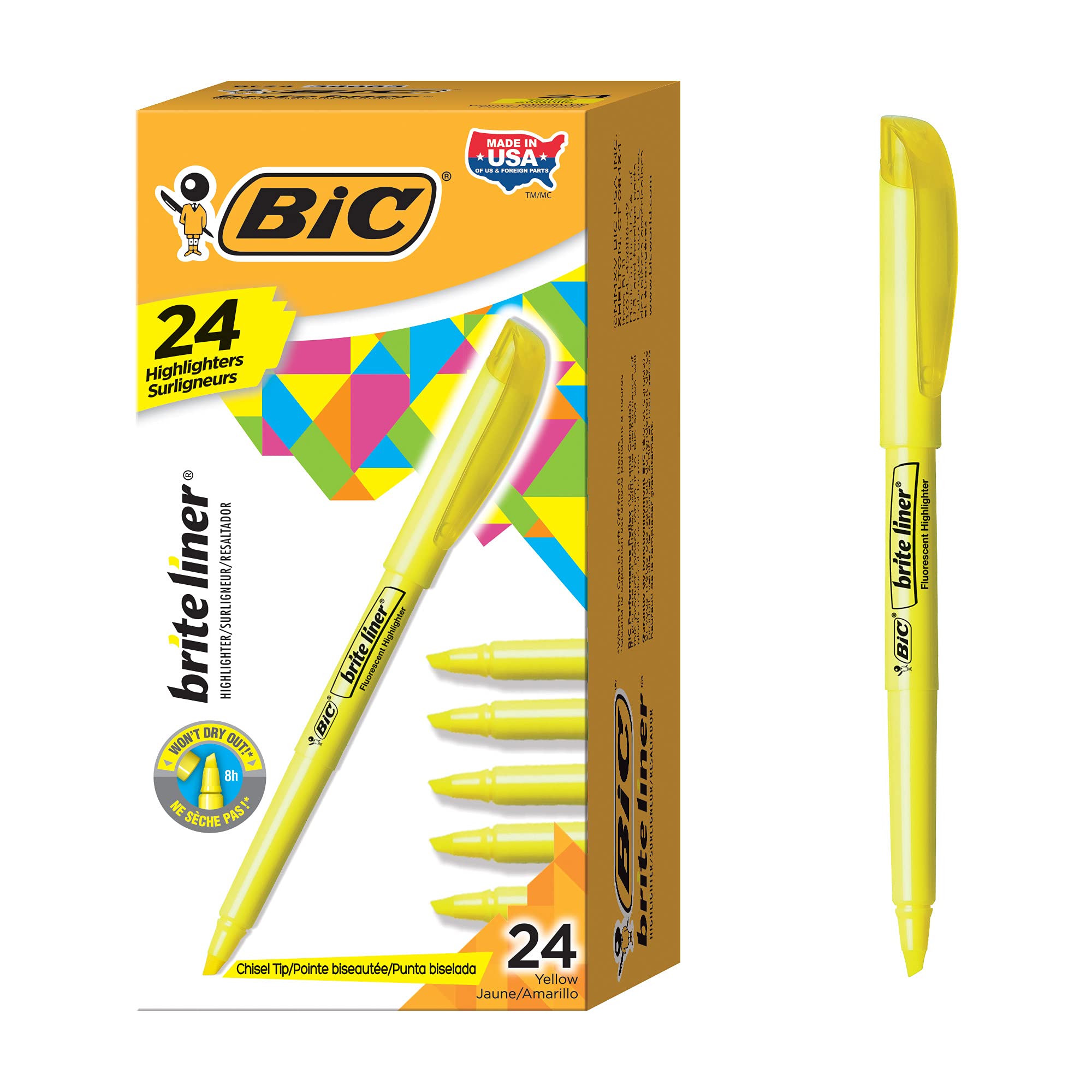 BIC Brite Liner Highlighter, Chisel Tip For Broad Highlighting & Fine Underlining, Yellow, (Pack of 12, 288 Count Total)