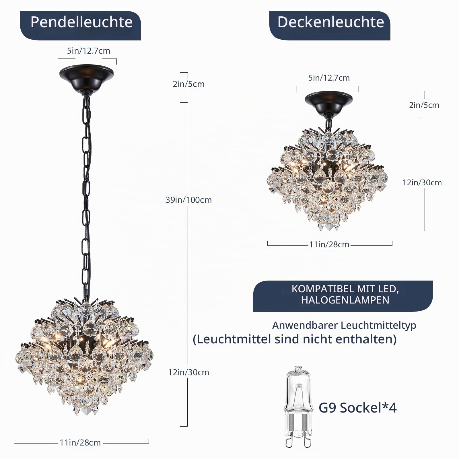 BESTIER Black Modern Pendelleuchte Kronleuchter Kristall Regentropfen Beleuchtung Deckenleuchte Lampe für Esszimmer Badezimmer Schlafzimmer Wohnzimmer 4 G9 Glühbirnen erforderlich D28cm x H30cm