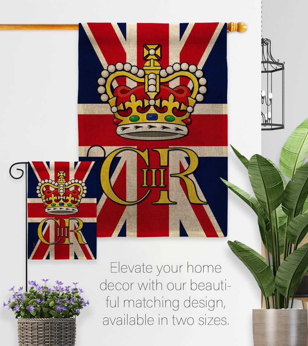 Coronation of King Charles III Garden Flag Burlap Home Decor Banner Wall Art Patio Porch Room Small Outdoor Tapestry Yard Sign Party Decorations Souvenirs Poster United Kingdom Memorabilia Made In USA