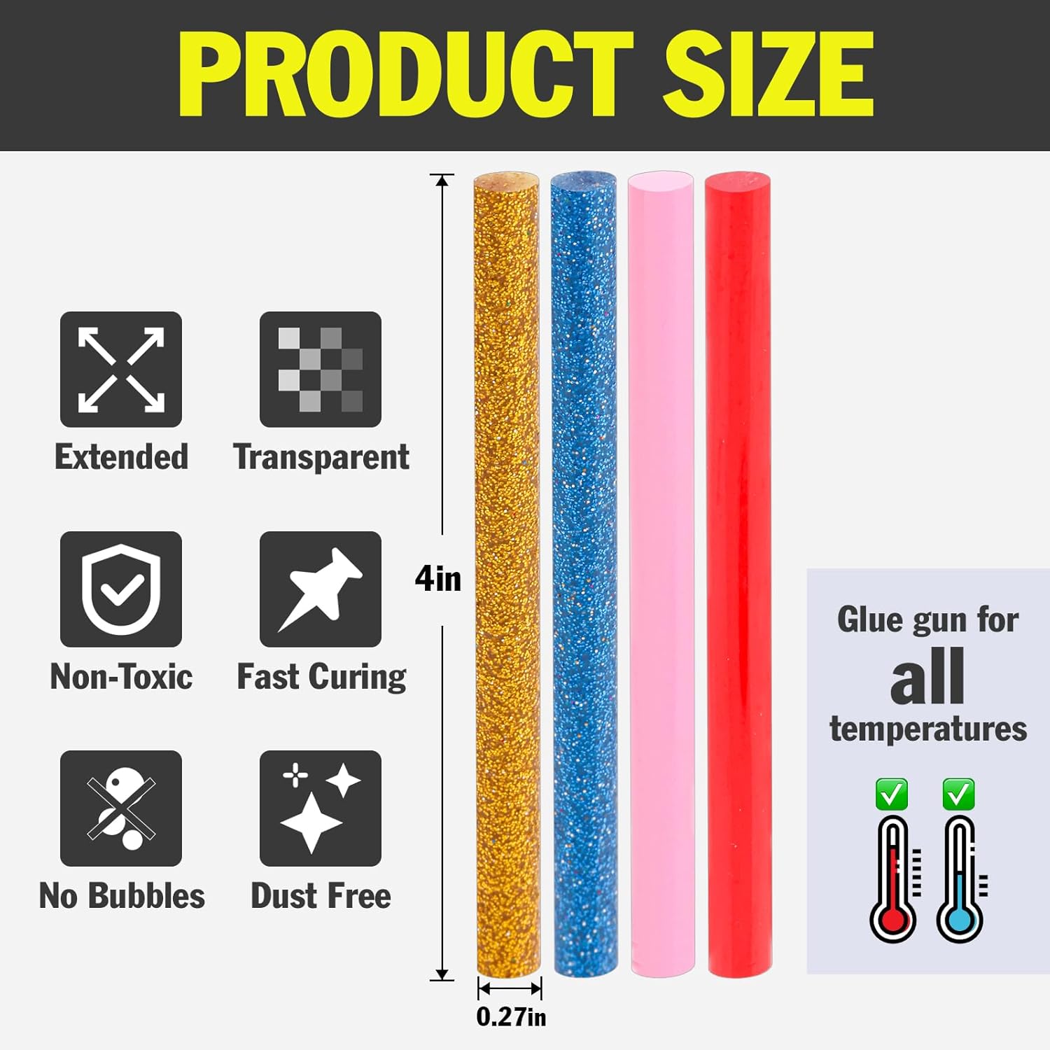 300 Pack Colored Hot Glue Sticks, 4" Long x 0.27" Diameter Mini Hot Glue Sticks, Perfect Fit for Mini Glue Guns, Widely Used in Wood, Metal, Glass, Plastic, Floral, Fabric, Leather, Foam