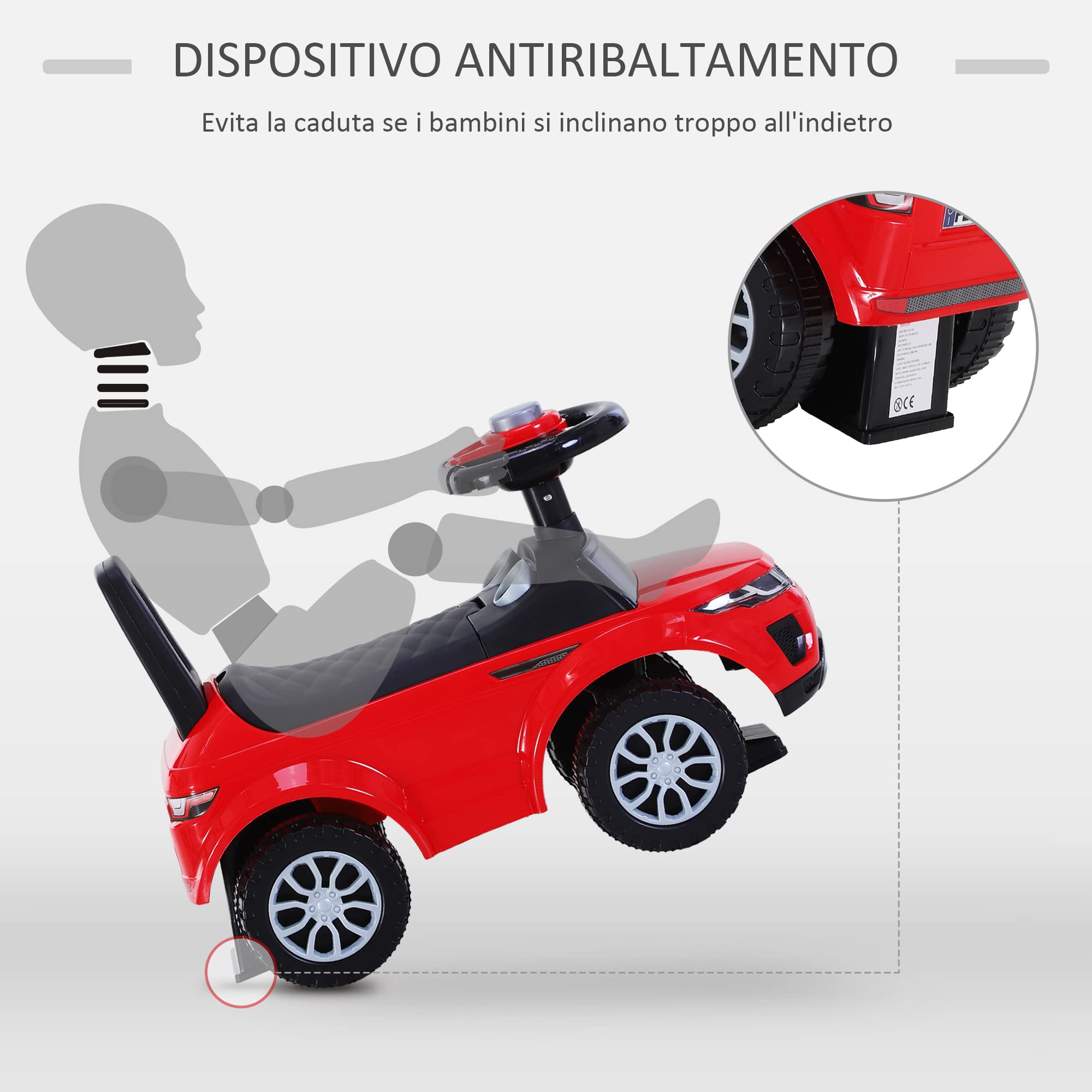 HOMCOM Macchina Cavalcabile Giocattolo per Bambini 12-36 Mesi, Macchina a Spinta con Vano Contenitore e Schienale, Rossa