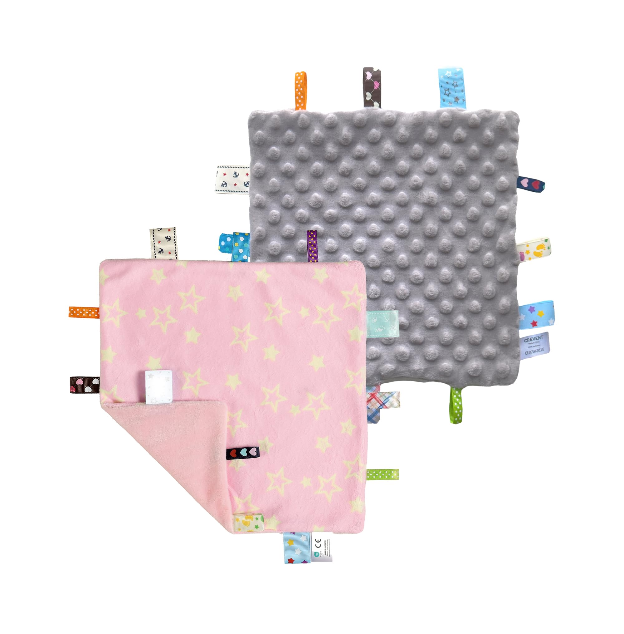 CREVENT Tag Security Blankets for Babies, Soft Small Loveys for Boys, Baby Comforter Sensory Blanket, Great Gifts for Birthday Baby Shower - 10"X10" Pink Star + Grey