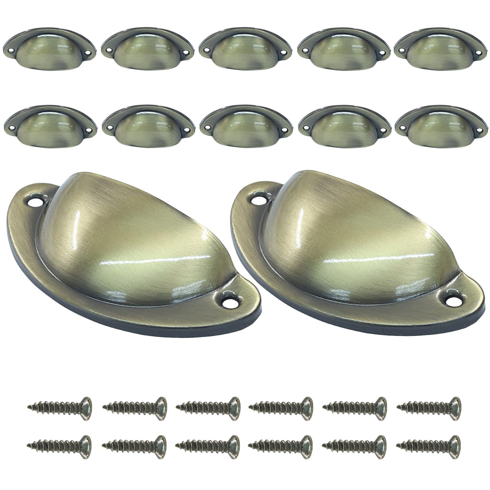 Cjueiom 12PCS Cabinet Cup Pull Handles, 82x35mm Brushed Brass Drawer Pulls, Antique Kitchen Cupboard Handles with Screws, Suitable for Cabinet, Dresser, Wardrobe, and Furniture Doors