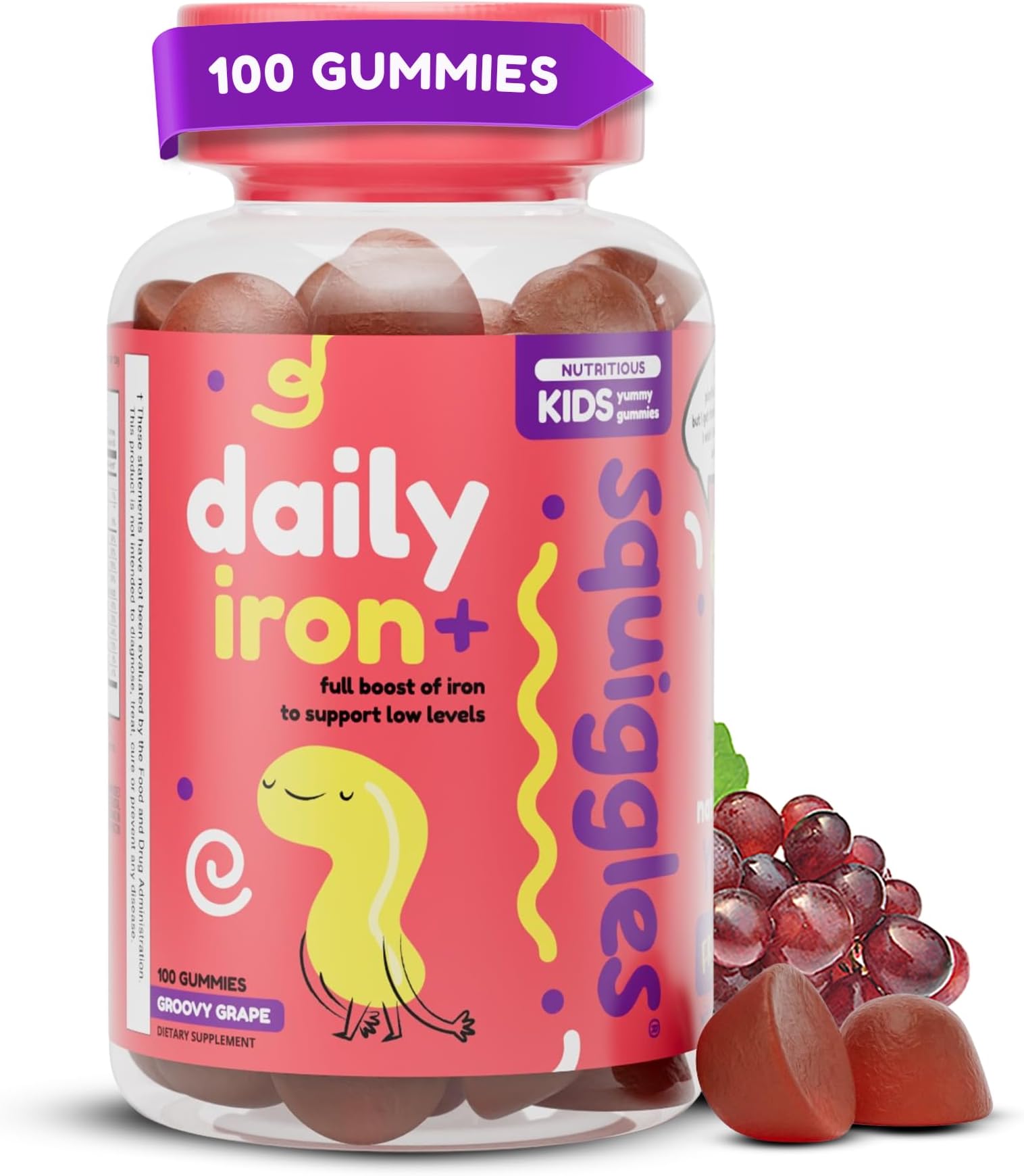 Squiggles Kids Daily Iron+ Gummies - Chewable Supplement with Iron, Multivita...