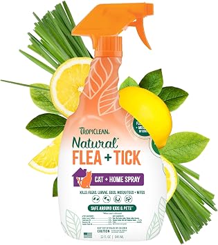 TropiClean Flea and Tick Treatment Spray for Cats & Home, Safely Treat, Prevent & Control by Contact, Powerful & Natural Defense, USA Made, 32oz
