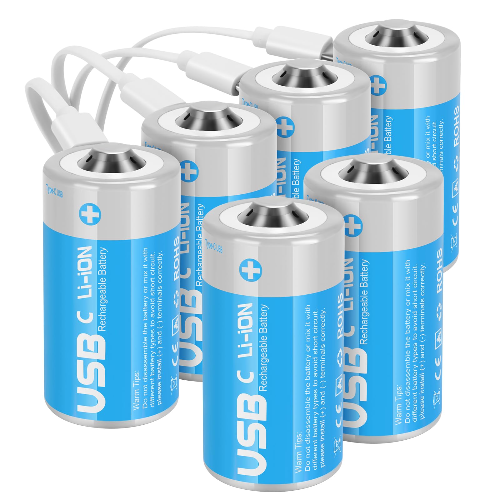 Rechargeable Lithium C Batteries with 4 in 1 USB-C Charge Cable,6 Pack C Cell Li-ion Battries,LR14 1.5V C Size Cell Battery Replacement 4100mWh for Floodlight Toys(6 Pcs)