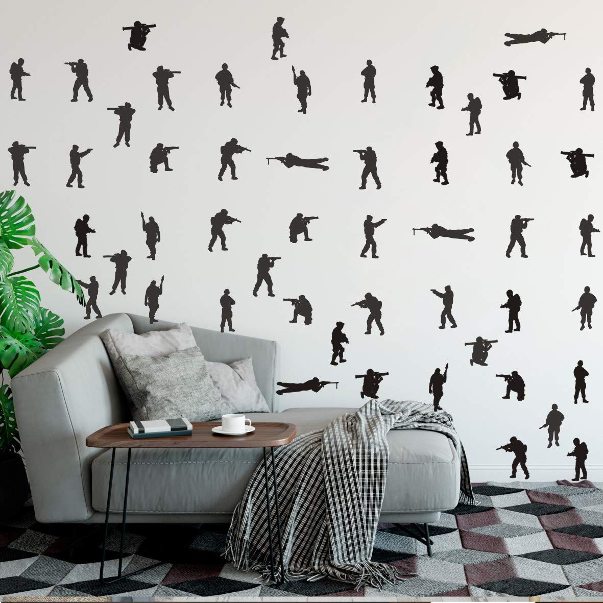 48PCS Military Wall Stickers for Boys Bedroom, Army Soldier Decals with Seals, Infantry, Snipers, Stormtroopers, Artillery Figures, Vinyl Removable Wall Art for Kids Room Decor AM158 (Black)