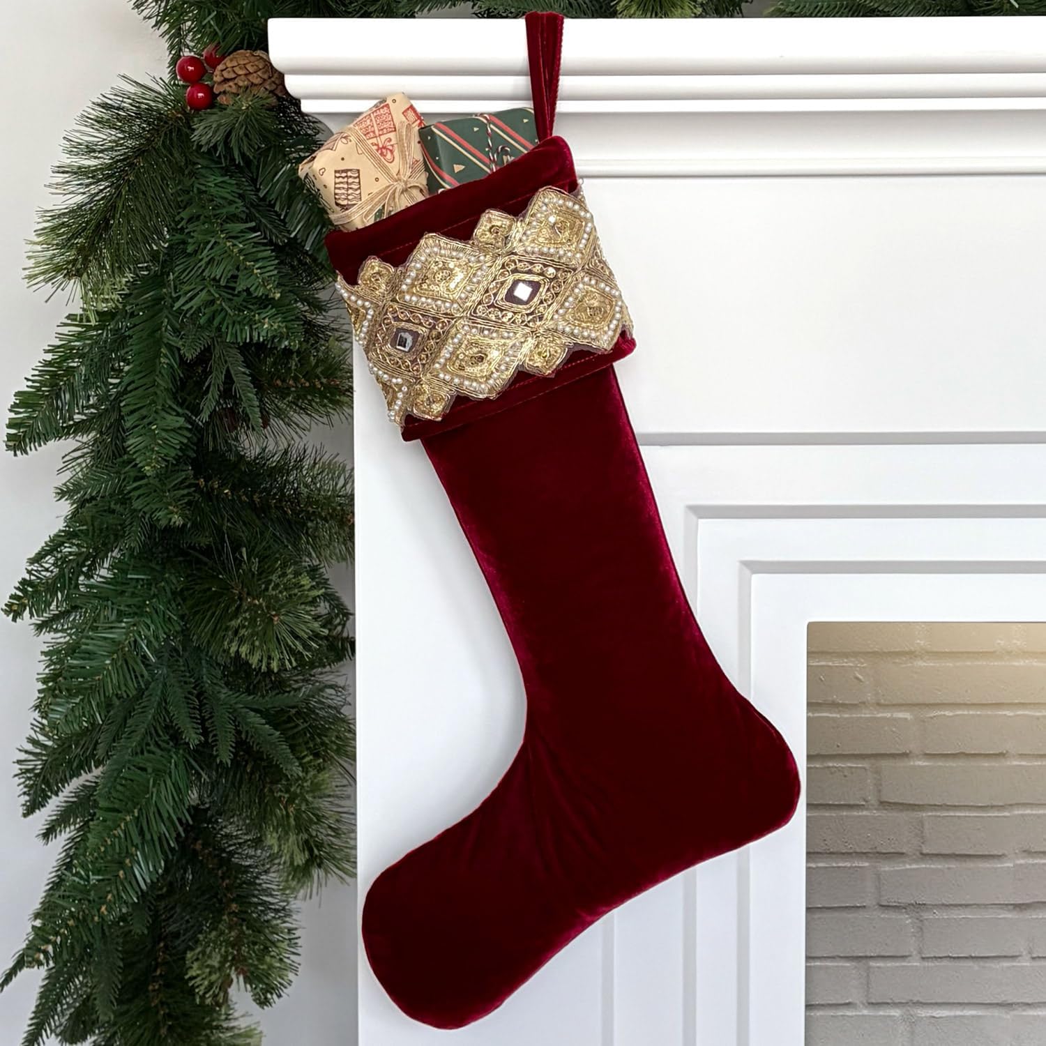 Velvet Christmas Stocking with Gold Glitter Accent Cuff and Microfiber Lining, Oversized 24-Inch, Burgundy Single Stocking (Burgundy)