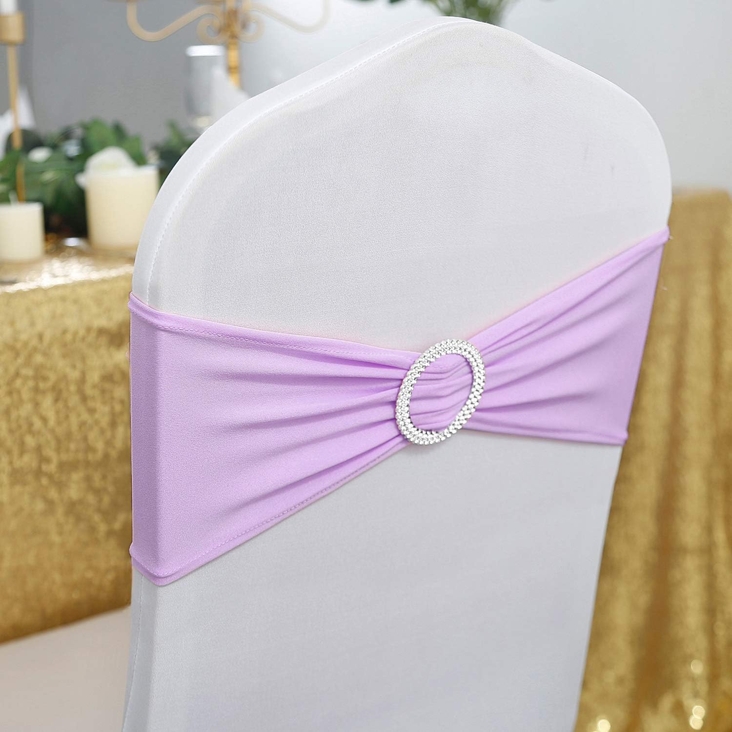 Peomeise 100pcs Lavender Spandex Chair Sashes with Buckle Slider for Wedding, Party Decoration