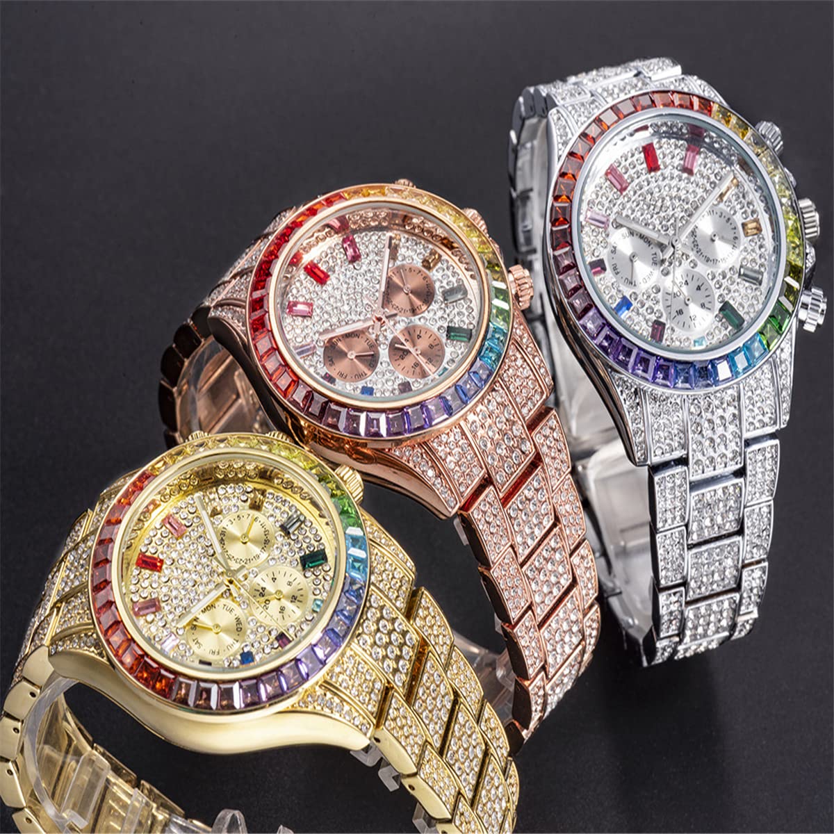 ICEDIAMOND Reloj de Pulsera de Cuarzo con Diamante de Laboratorio cúbico de 3 Ojos con Calendario mensual semanal y visualización de Zona horaria