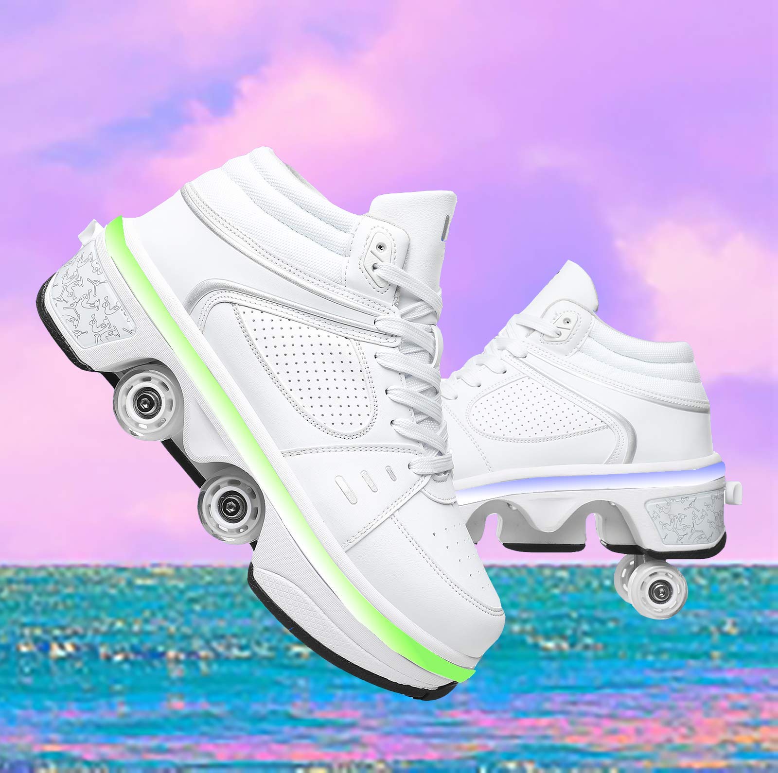 Multiuso 2 in 1 Pattini A Rotelle Scarpe,Pattini Rotelle Regolabili A 4 Ruote Pattini con Luce LED per Donna Uomo, Pattini A Rotelle Scarpe da Tennis,EUR36