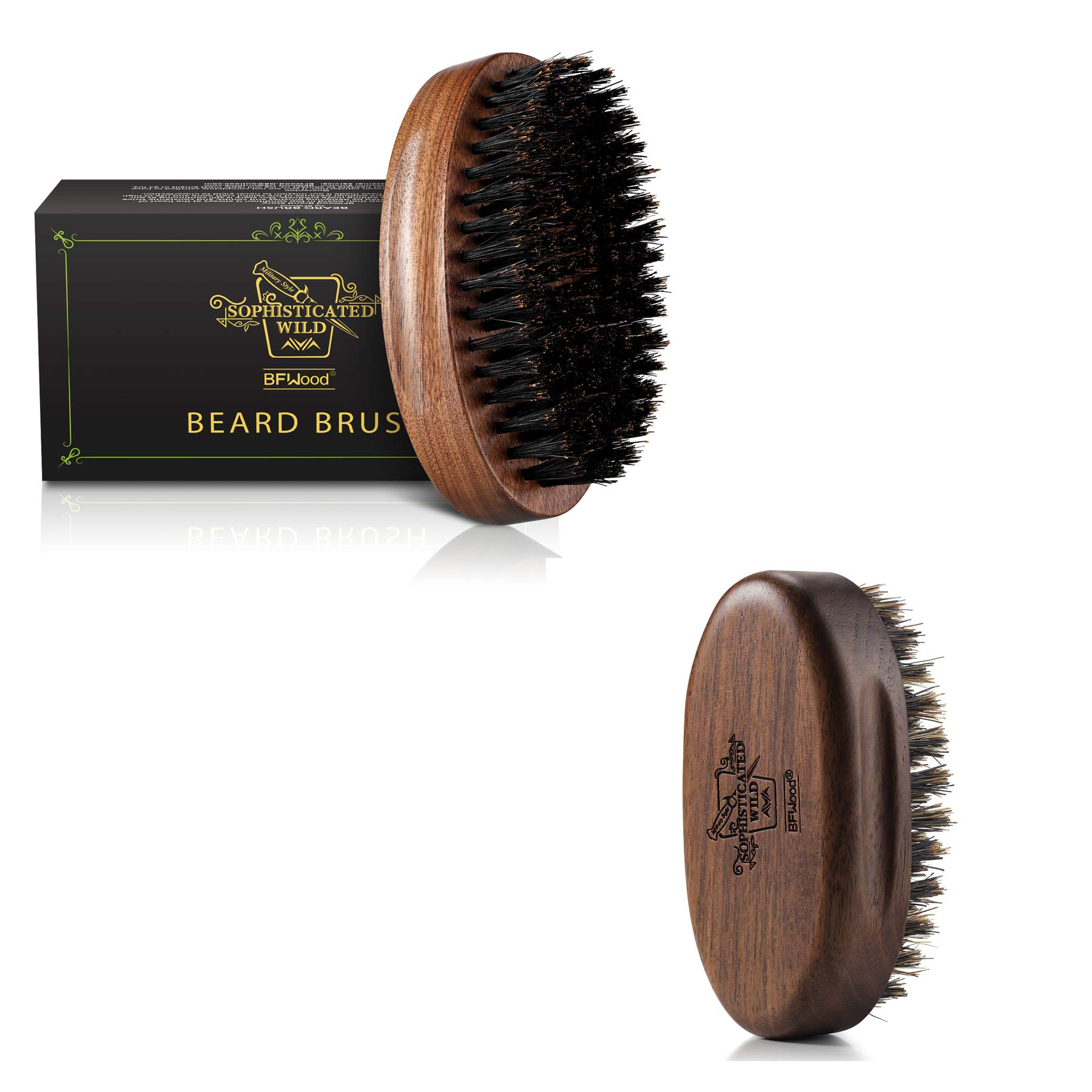 BFWood Boar Bristle Beard Brush Set for Men - Military & Small Travel Size, for All Beards