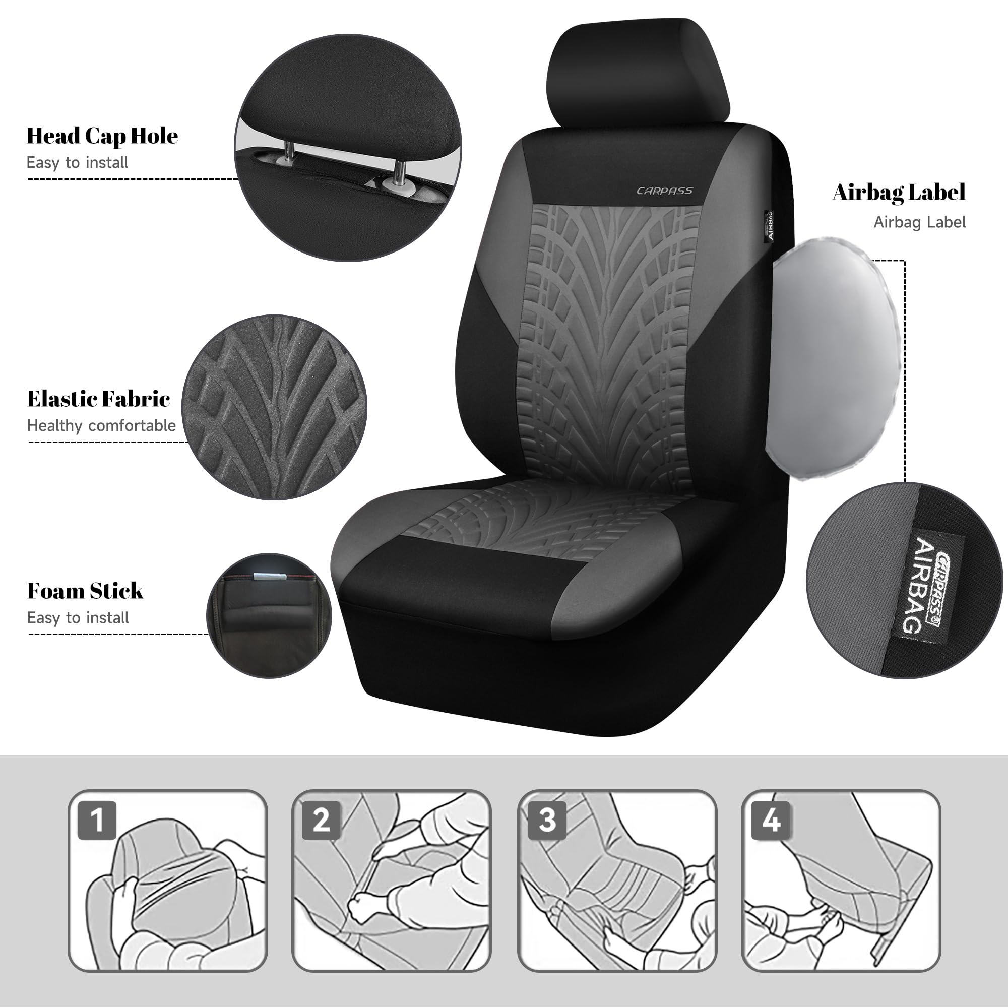 CAR PASS Fundas de Asiento de Coche, Asiento Delantero y Trasero Dividido para automóvil, Fundas Interiores con impresión de neumáticos en 3D, compatibles con Bolsa de Aire, configuración rápida