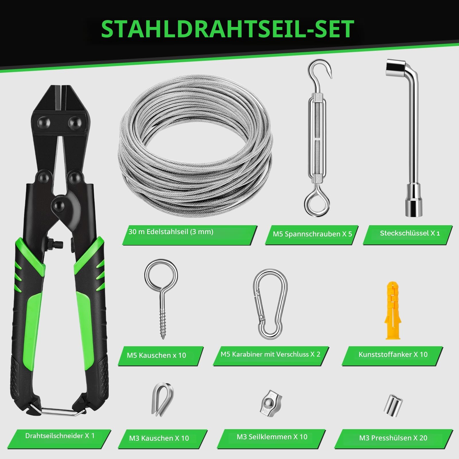Besdiyart 70 Stück Stahlseil Set, 30M 3mm Drahtseil PVC beschichtetes 304 Edelstahlseil mit Drahtseilschneider, Drahtseilspanner Set mit Ösen Seilspanner zum Aufhängen