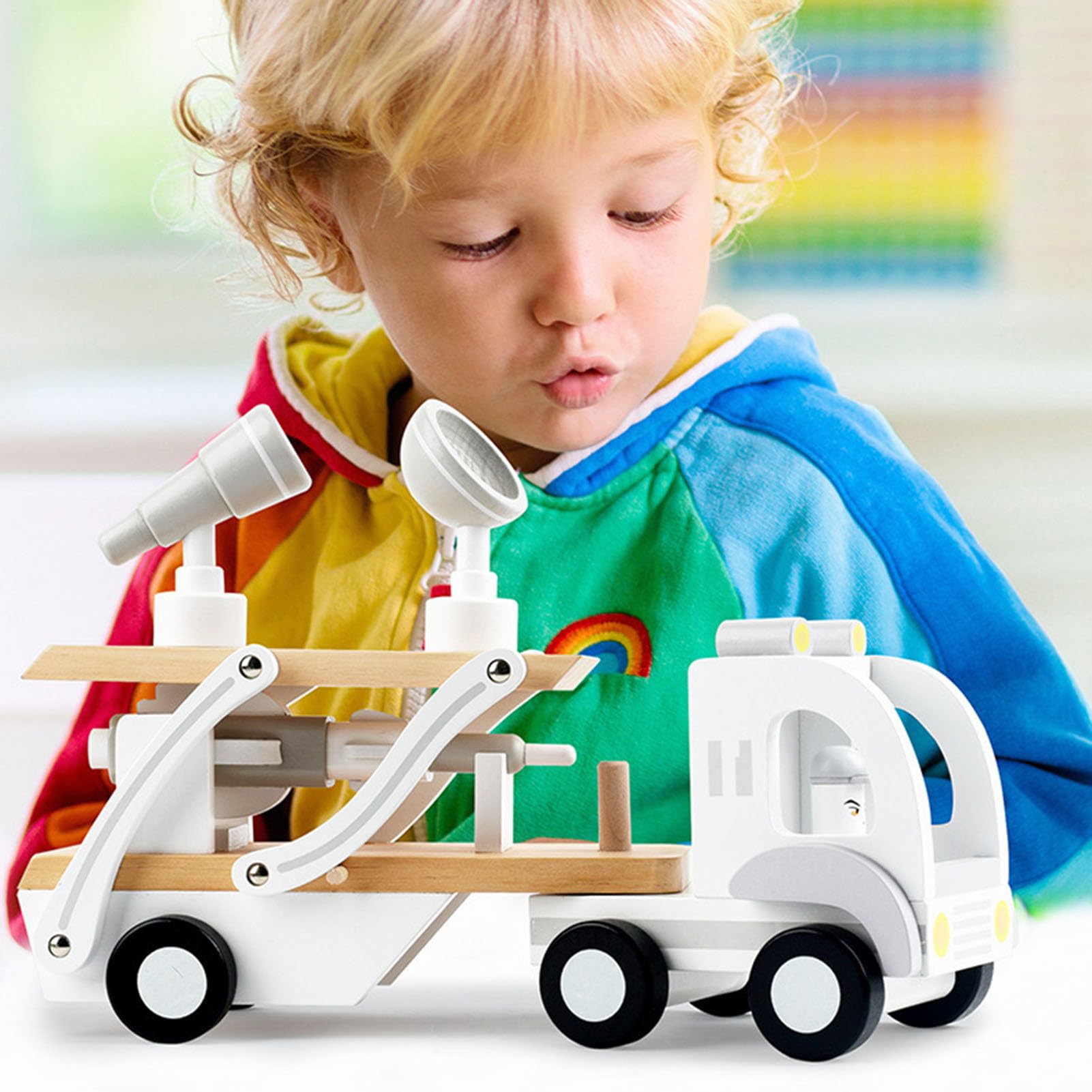 Camión Transportador Conjunto De Juego De Transporte De Cohete De Madera | Juguete de Camión Portador de Coches Para Niños y Niñas, para Juego de Construcción y de