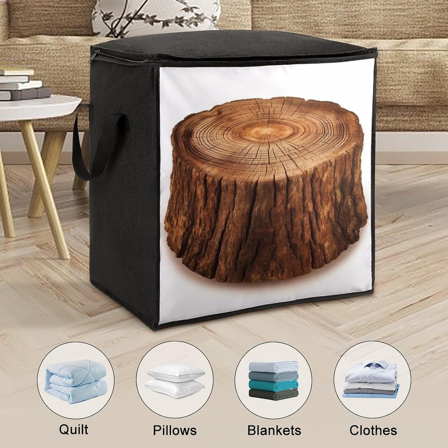 Quilt Storage Bag,Stump of Oak Tree Printed Large Foldable Storage Container Portable Travel Storage Bag for Blankets, Quilts, Clothes, Comforter, Bedding And Pillows