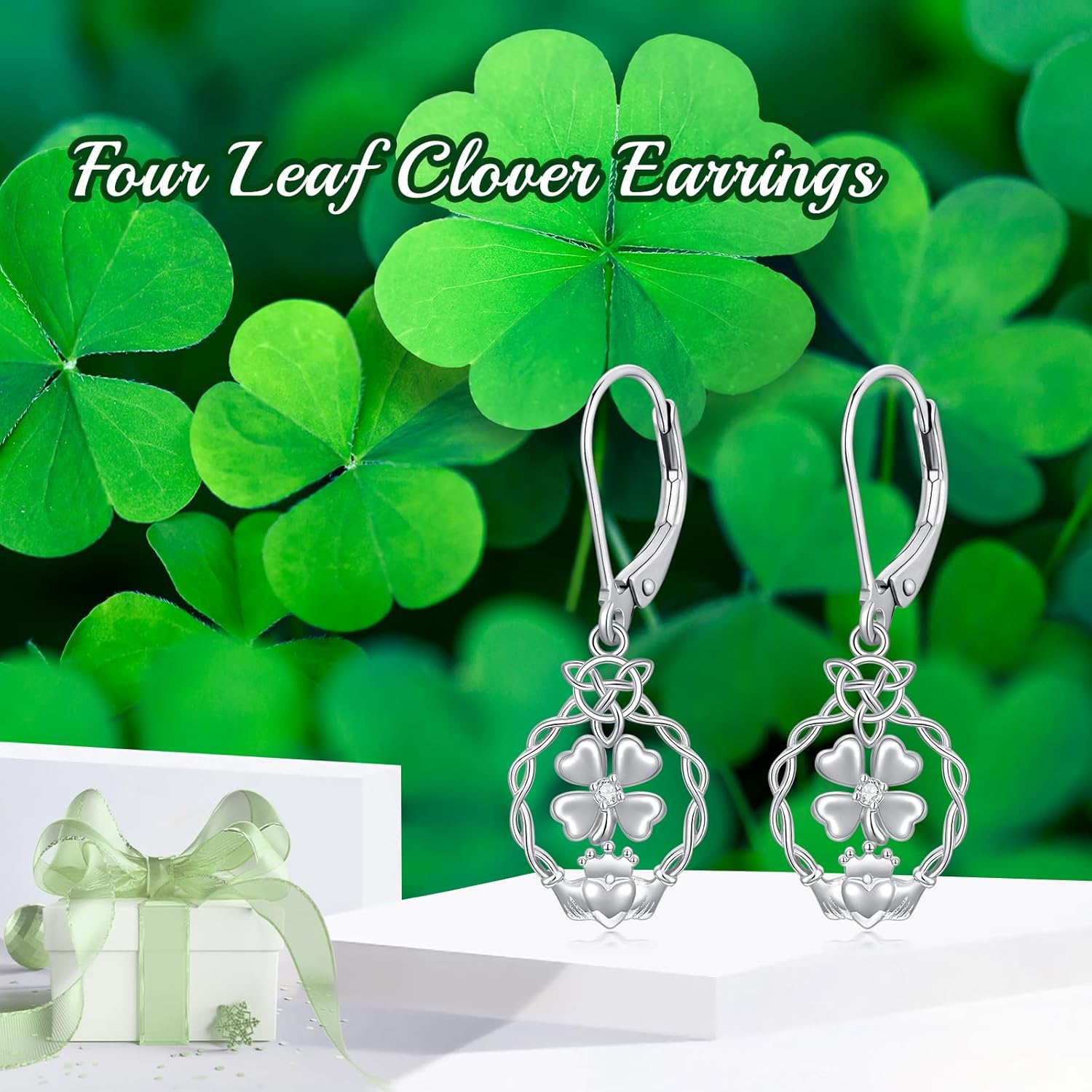 Diamond Four Leaf Clover Earrings for Women Sterling Silver Four Leaf Clover Earrings Jewelry for Mothers Day Birthday Valentines Christmas Birthday - Image 3