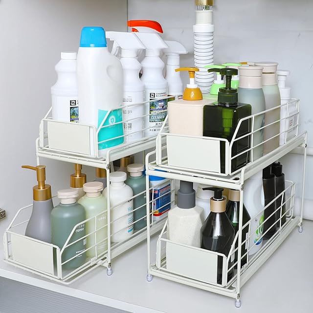 CADUKE 2-Tier Under Sink Storage Organizer, Set of 2 Under Sink Cupboard Organizer Storage with Sliding Basket Drawer, Multi-Purpose Space Saving Under Sink Shelf for Bathroom Kitchen, White