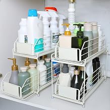 2-Tier Under Sink Cabinet Organizer with Sliding Basket Drawer, Bathroom Under Sink Storage Set of 2 Under Cabinet Organizers and Storage Pull Out, White Mesh Metal
