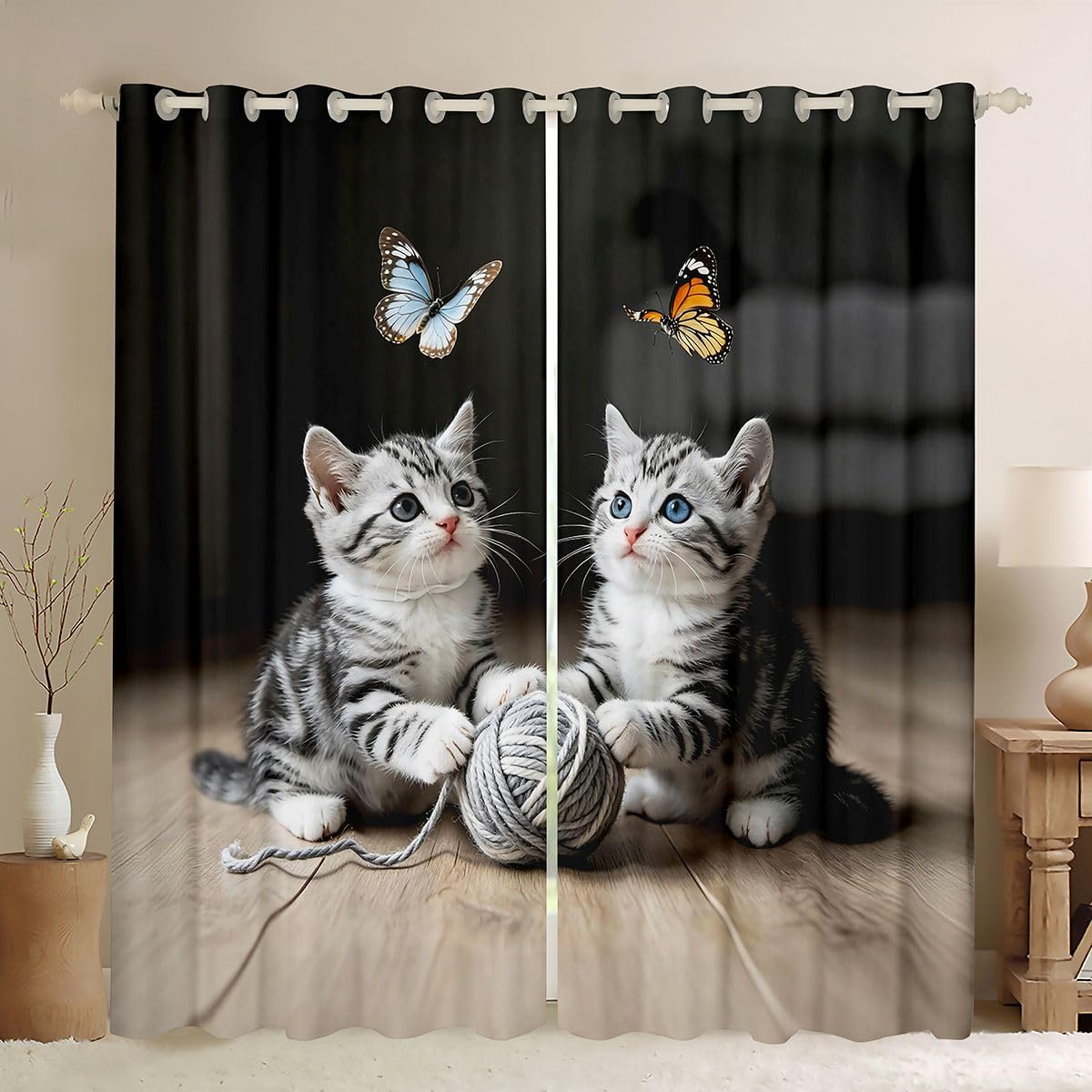 Lot de 2 rideaux de fenêtre Kawaii chat pour adultes et enfants, taille XL, aquarelle, papillon, impression 3D, animaux de compagnie, bons rideaux occultants sur le thème des animaux, 245 x
