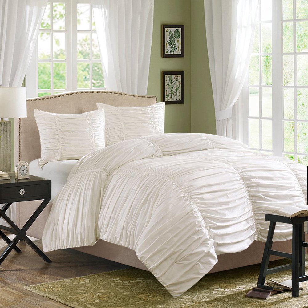 Luxurious & Italian Finish 3 Pcs Gathered Duvet Cover Set Solid Pattern 100% Egyptian Cotton Quilt Cover Set 650 TC Size King Color White-image-36