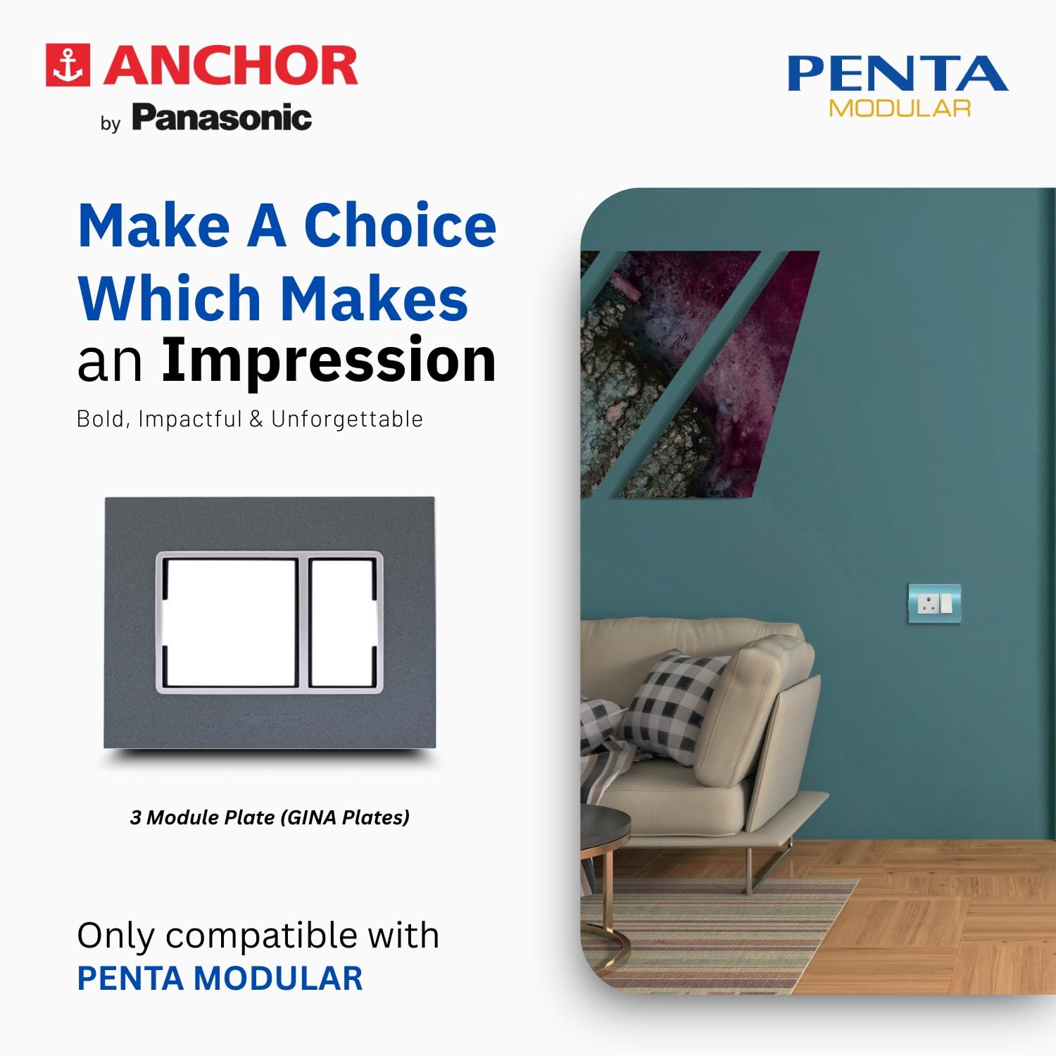 Anchor by Panasonic Penta 3 Module Gina Cover Plate with Chrome Collar for Switch Board (Black, 65803B-2) 1