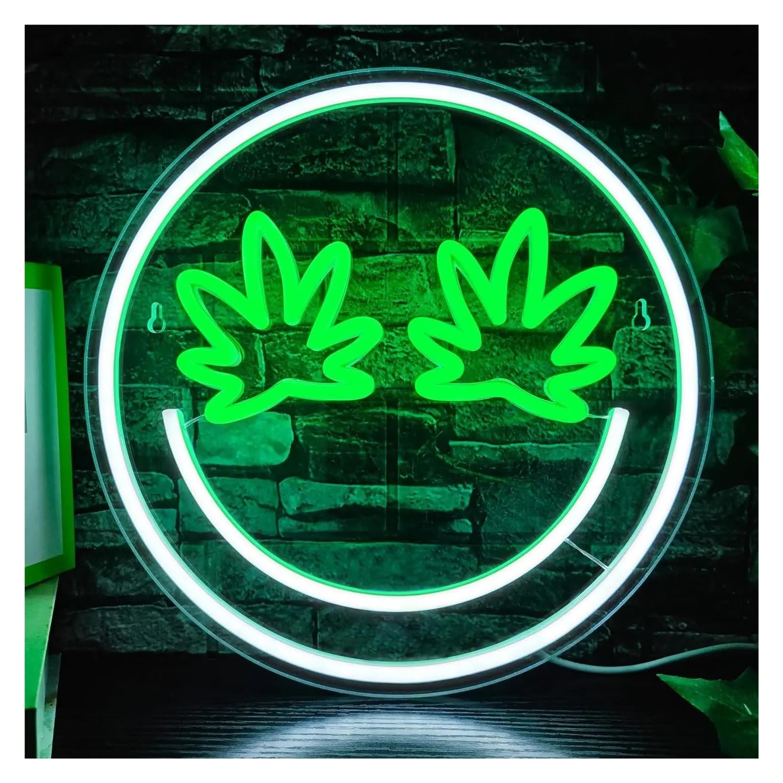 LEMST Sign Lamp Green Leaf Neon Sign Round Light Dimmable USB Powered for Bar Club Bedroom Hotel Man Cave Art Decor 30cmx30cm