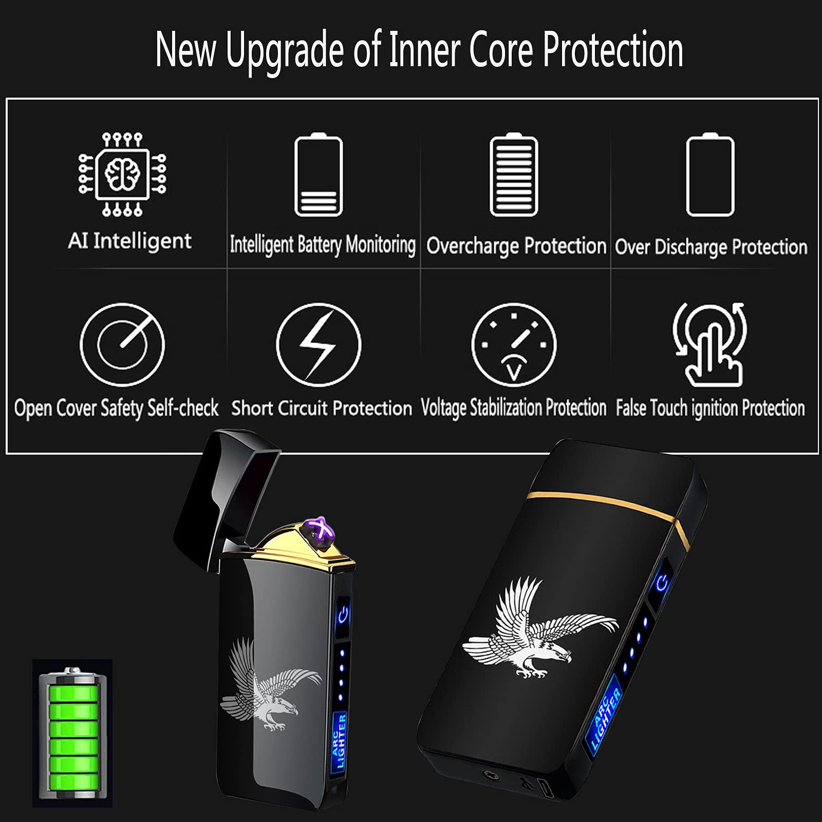 Dachance Custom Personalized Cool Lighter Electric Gift Windproof USB Rechargeable Dual Arc For Camping Valentine's Day Gift (Eagle