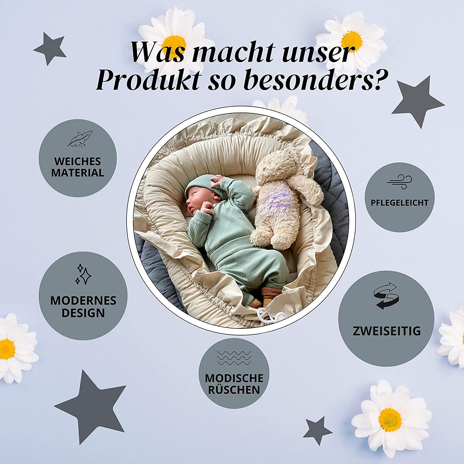 PIMKO Babynest mit rüschen Babynestchen für Baby Kuschelnest Babykokon für Säuglinge und Neugeborene 100% Baumwolle Nestchen geeignet für Zuhause 55 x 90 cm (Beige mit Klappe)
