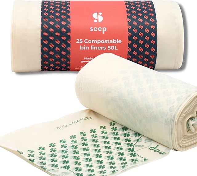 SEEP Eco 50 Litre Bin Bags - 50l Bin Liners - Heavy Duty Bin Bags - 100% Compostable - Black Bin Bags Alternative - 50l Biodegradable Bin Bags - Clear Recycling Bags - 1 x Roll - 25 x Bags
